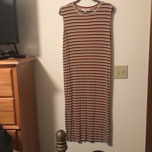 Loft  medium striped dress burgundy gold gray and white stripes has side slits
